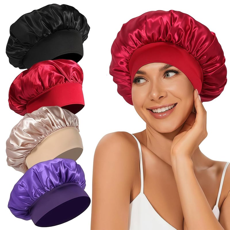 LEADUWAY 4Pcs Satin Bonnet Silk Bonnet, Hair Bonnet for Sleeping, Elastic Wide Band Silk Sleep Cap, Soft and Breathable (Black Red Purple Gold) - Image 1